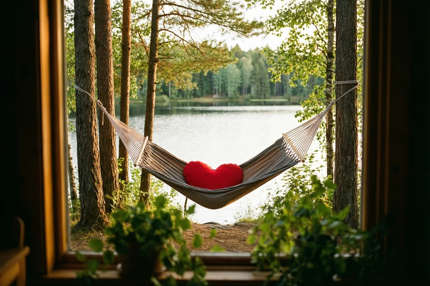 Door een houten raam met groen op de voorgrond is een hangmat met een rood hartvormig kussen te zien tussen twee bomen aan een meer.