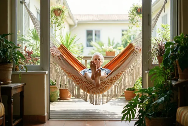 Een oudere man ligt met zijn blote voeten omhoog in een oranje en crèmekleurige hangmat met franjes op een houten terras, omringd door potplanten en omlijst door glazen deuren in warm zonlicht.