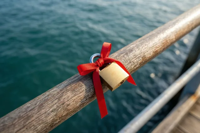 Een messing hangslot met een rood lint hangt aan de verweerde houten leuning van een pier, met de blauwe zee op de achtergrond.