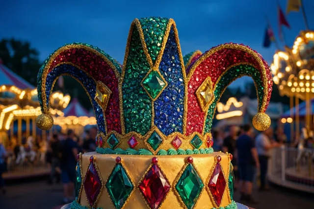 Een taart in de vorm van een met juwelen versierde harlekijnhoed staat voor een onscherpe carnavalsachtergrond met lichtjes, in goud, rood, groen en blauw.