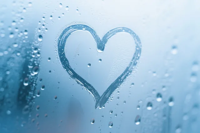 Een hart is getekend in de condens op glas, omringd door regendruppels in koele blauwe tinten.