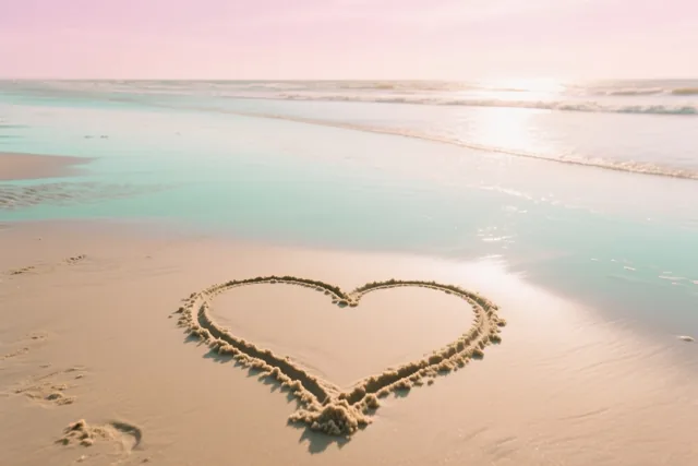 Een hart is in nat strandzand getekend bij laagwater, met zachte golven en een pastelkleurige hemel in roze en turquoise tinten.