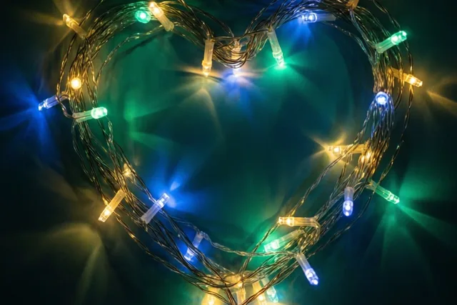 Een verstrengelde lichtslinger met blauwe, groene en gele lampjes vormt een hart tegen een donkere achtergrond met zachte lichtvlekken.