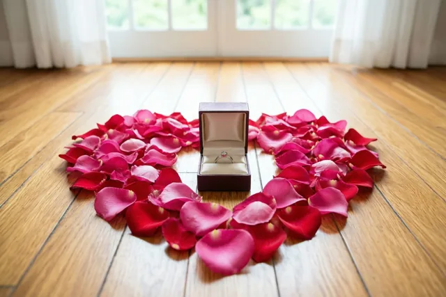 Rode en roze rozenblaadjes vormen een hart op een lichte houten vloer rond een open donkerbruin doosje met een ring, met zacht daglicht van een raam.