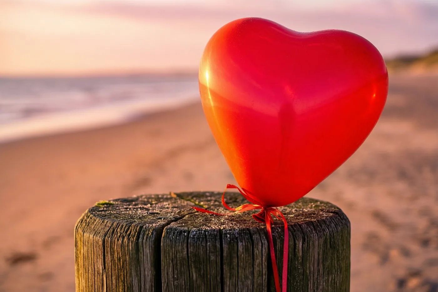 Een glanzende rode hartvormige ballon is met een rood lint vastgebonden aan een verweerde houten paal op een zandstrand in warm goudkleurig licht.