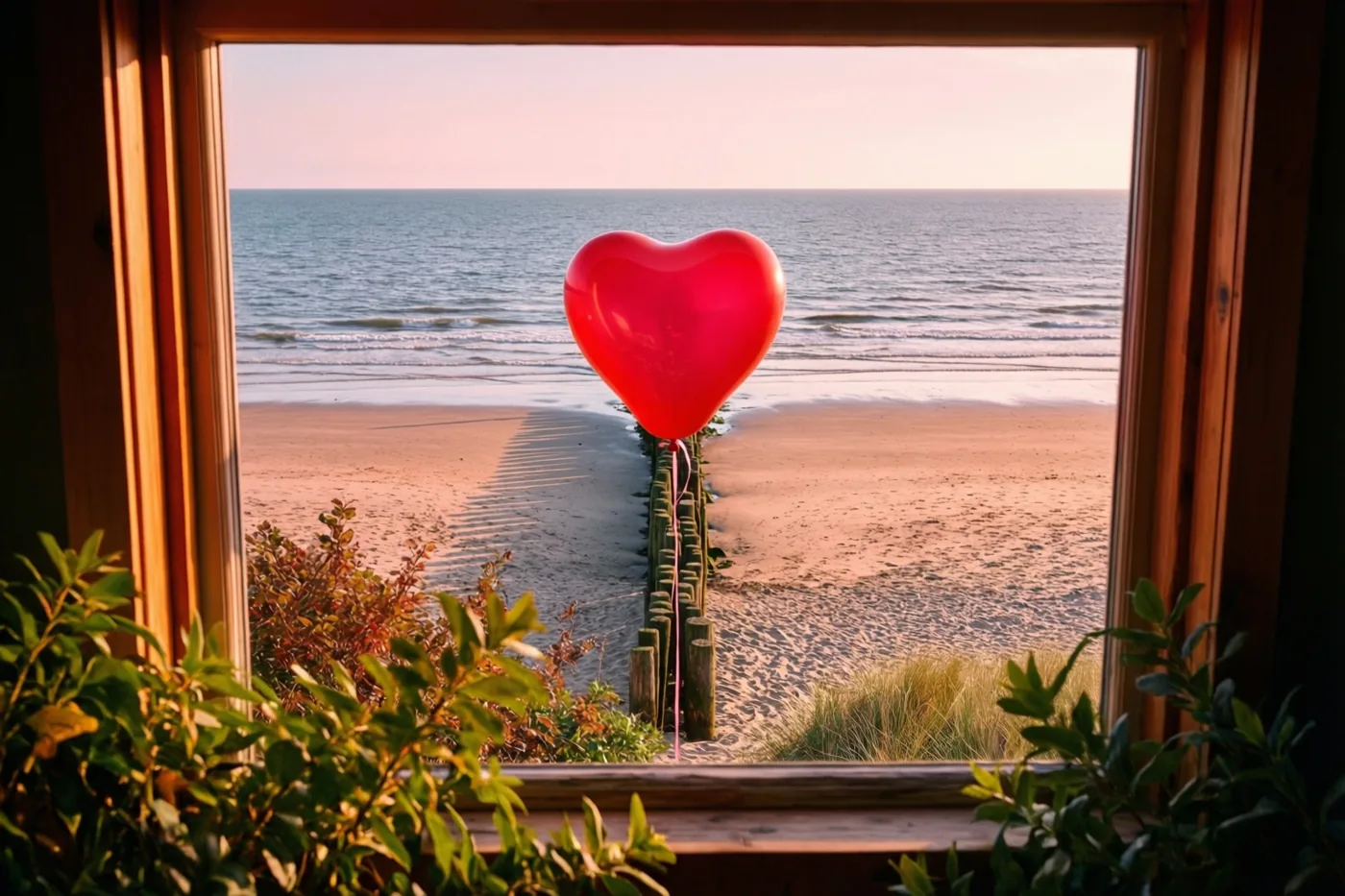 Door een houten raam is een rode hartvormige ballon te zien die aan een houten golfbreker op een breed strand is vastgebonden, in warm goudkleurig licht.