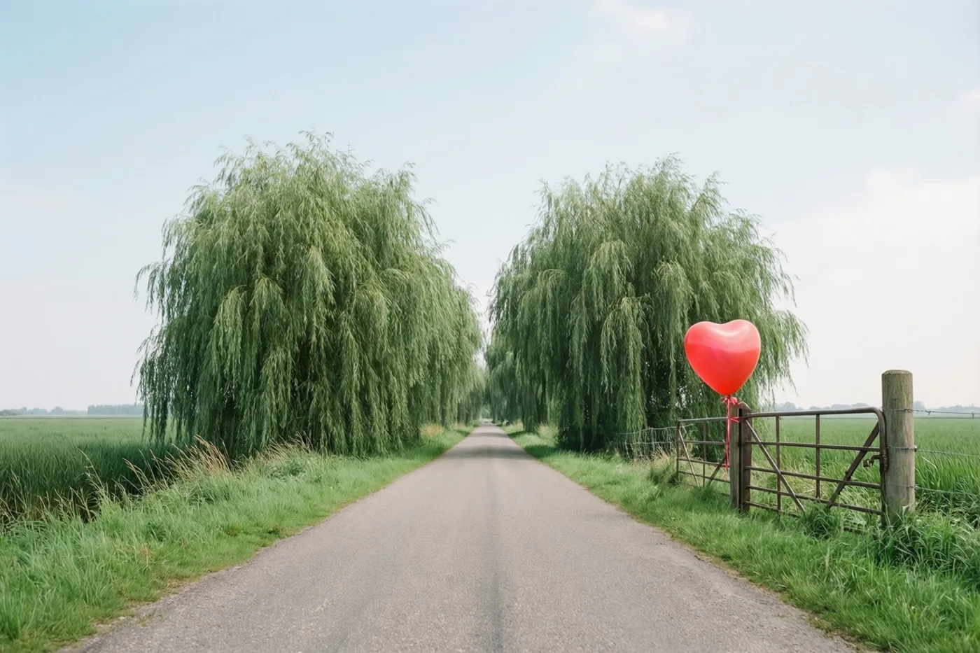 Een rechte asfaltweg loopt door een groen polderlandschap tussen rijen knotwilgen, met rechts een felrode hartvormige ballon aan een metalen weidepoort.