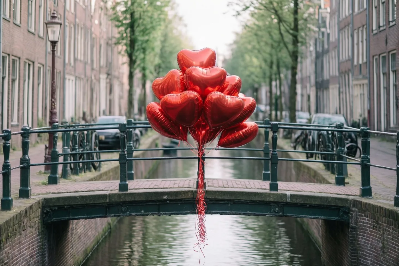 Glanzende rode hartvormige ballonnen hangen aan de leuning van een smalle bakstenen brug over een kanaal, met bakstenen gebouwen en bomen langs het water in zacht daglicht.