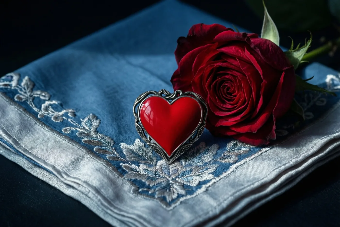 Een rode geëmailleerde hartjesbroche met een sierlijke zilveren rand ligt op een blauwe oude zakdoek met zilverkleurig borduurwerk naast een dieprode roos, tegen een donkere achtergrond.