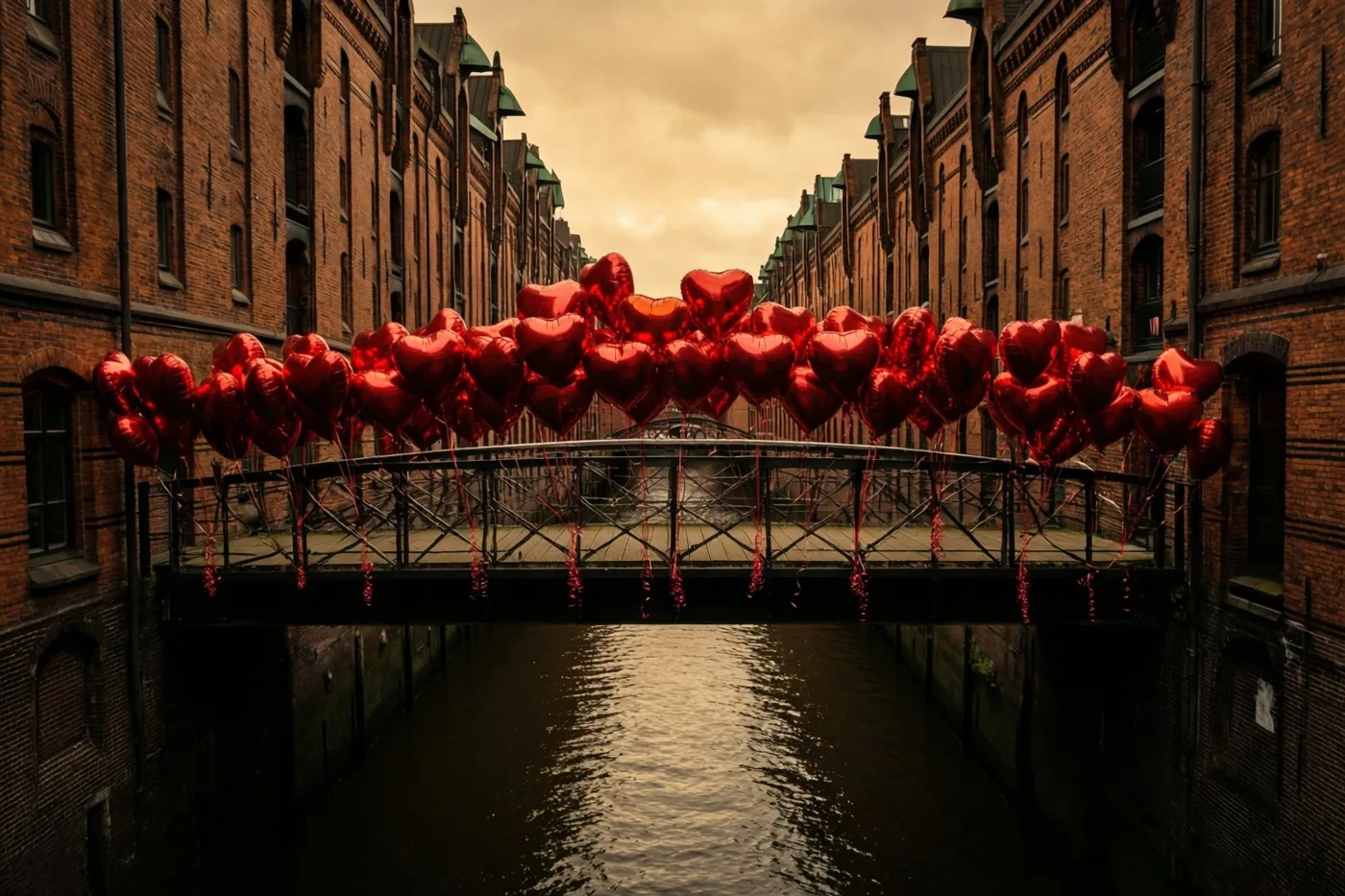 Een smalle bakstenen brug over een kanaal is versierd met rode hartvormige ballonnen aan de leuning, onder een bewolkte warmgetinte lucht met bakstenen gebouwen die in het water weerspiegelen.