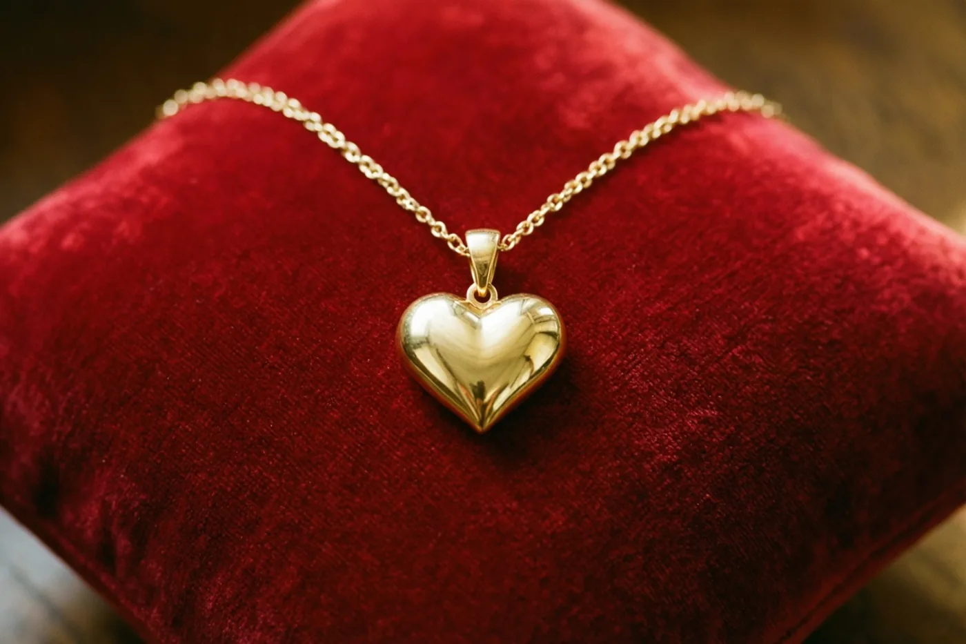 Een gouden hartjeshanger met een fijne ketting ligt op een rood fluwelen kussen voor een zacht vervaagde houten achtergrond.