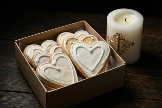 Een doos hartvormige koekjes met wit glazuur staat op donker hout naast een brandende doopkaars met een gouden kruis.