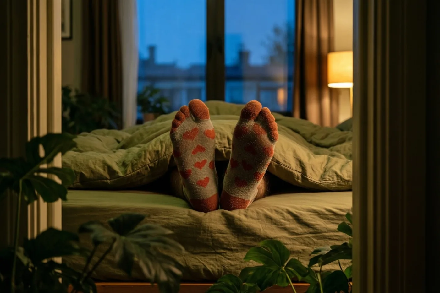 Twee paar voeten met hartjessokken steken onder een groen dekbed uit in een slaapkamer bij schemering, met een brandend nachtlampje, grote bladeren vooraan en daken zichtbaar door het raam.