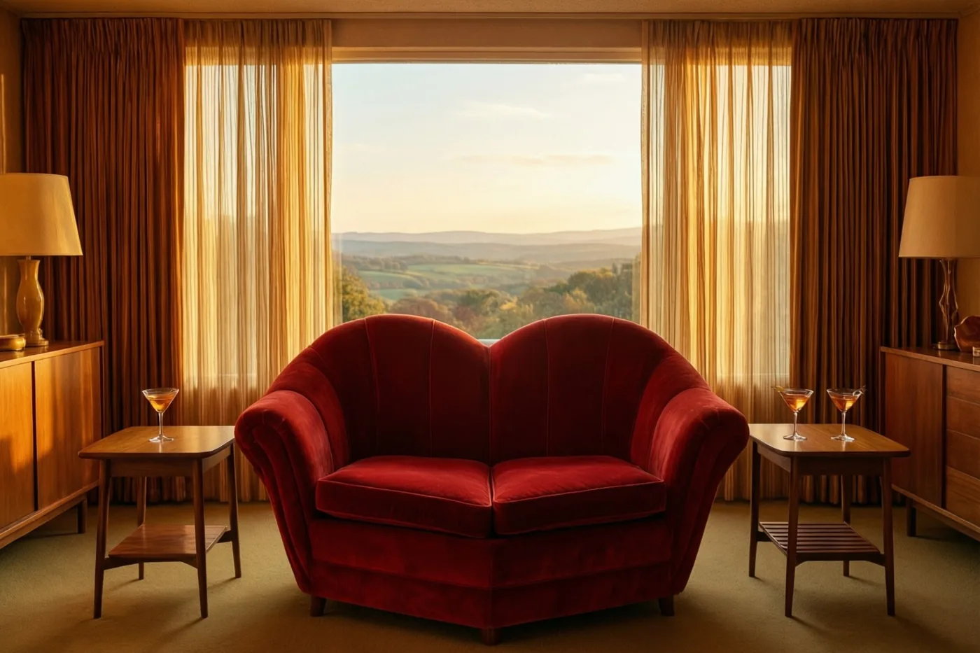 Een rode fluwelen hartvormige zetel staat tussen twee teakhouten tafeltjes met elk een cocktailglas, in een jarenzestigwoonkamer met zware gordijnen en een groot raam met zicht op een landschap bij zonsondergang.