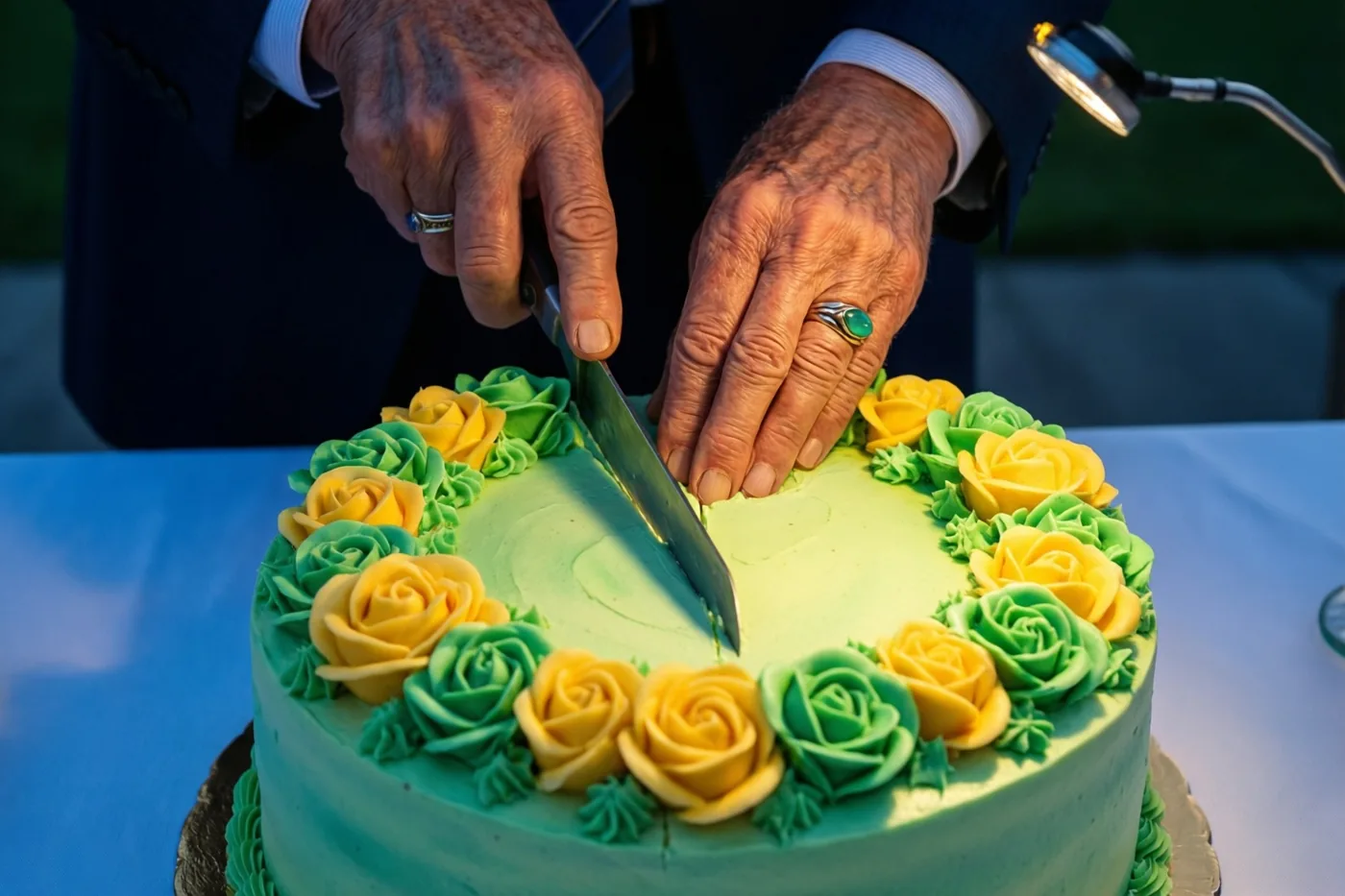 Verweerde handen met trouwringen snijden een hartvormige taart met gele en groene suikerrozen aan op een blauw tafelkleed in helder licht.