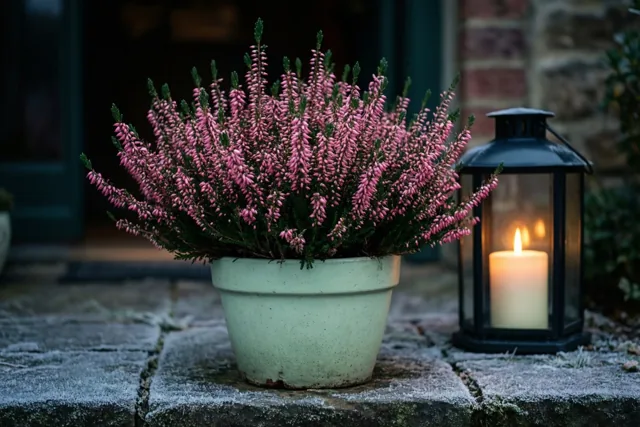 Een pot roze heide en een brandende kaarslantaarn staan op een berijpte stenen drempel in de schemering, met een ruwe stenen muur en donkere deuropening erachter.