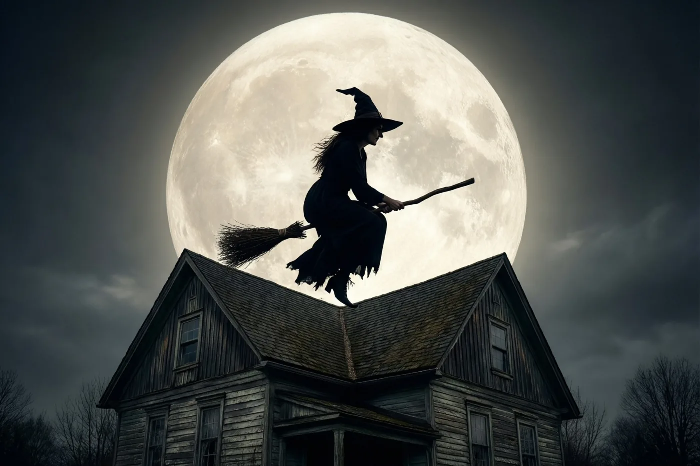 Een heks op een bezem vliegt als silhouet boven een scheef, verweerd houten huis voor een enorme volle maan in een donkere, bewolkte lucht.