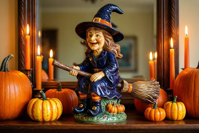 Een oud keramieken heksenbeeldje op een bezem staat op een houten schouwmantel tussen kleine pompoenen en brandende kaarsen, met oranje en blauwe tinten.