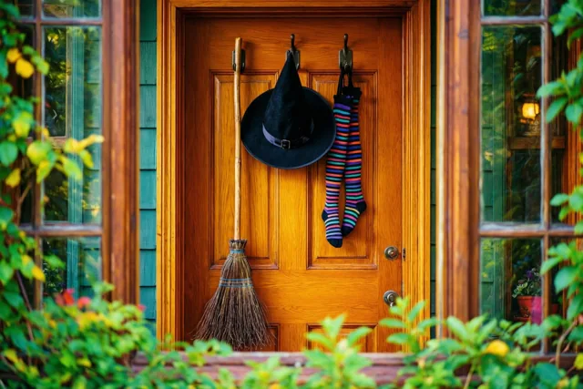 Aan een houten voordeur hangen een zwarte heksenhoed, een bezem en kleurrijke gestreepte kousen, omgeven door ramen en groen gebladerte.