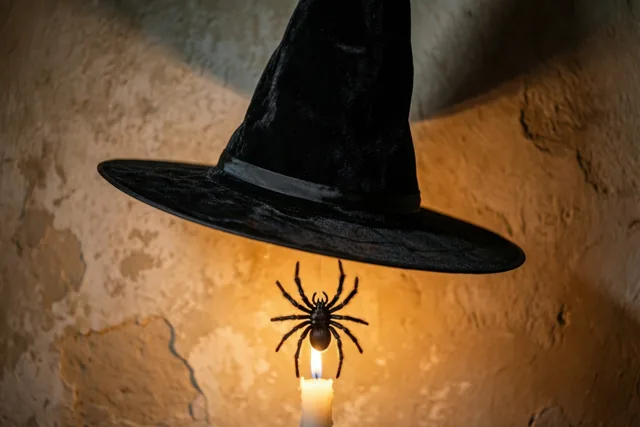 Een zwarte heksenhoed hangt boven een brandende kaars en werpt samen met een hangende spin schaduwen op een oude gepleisterde muur.