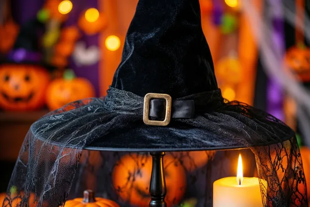 Een zwarte fluwelen heksenhoed met een kanten sluier staat op een standaard naast een brandende kaars, met onscherpe pompoenen en warme lichtjes op de achtergrond.