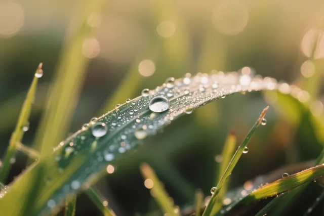 Heldere dauwdruppels hangen aan een felgroene grasspriet in zacht ochtendlicht tegen een onscherpe achtergrond.