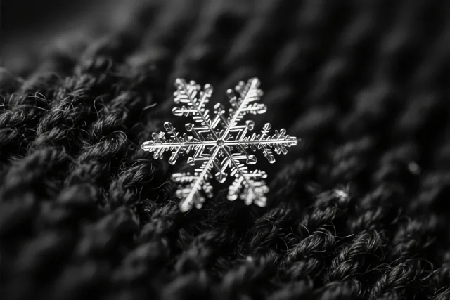 Een heldere, gedetailleerde sneeuwvlok ligt op donkere wol met een zichtbare structuur, weergegeven in één kleurtoon.