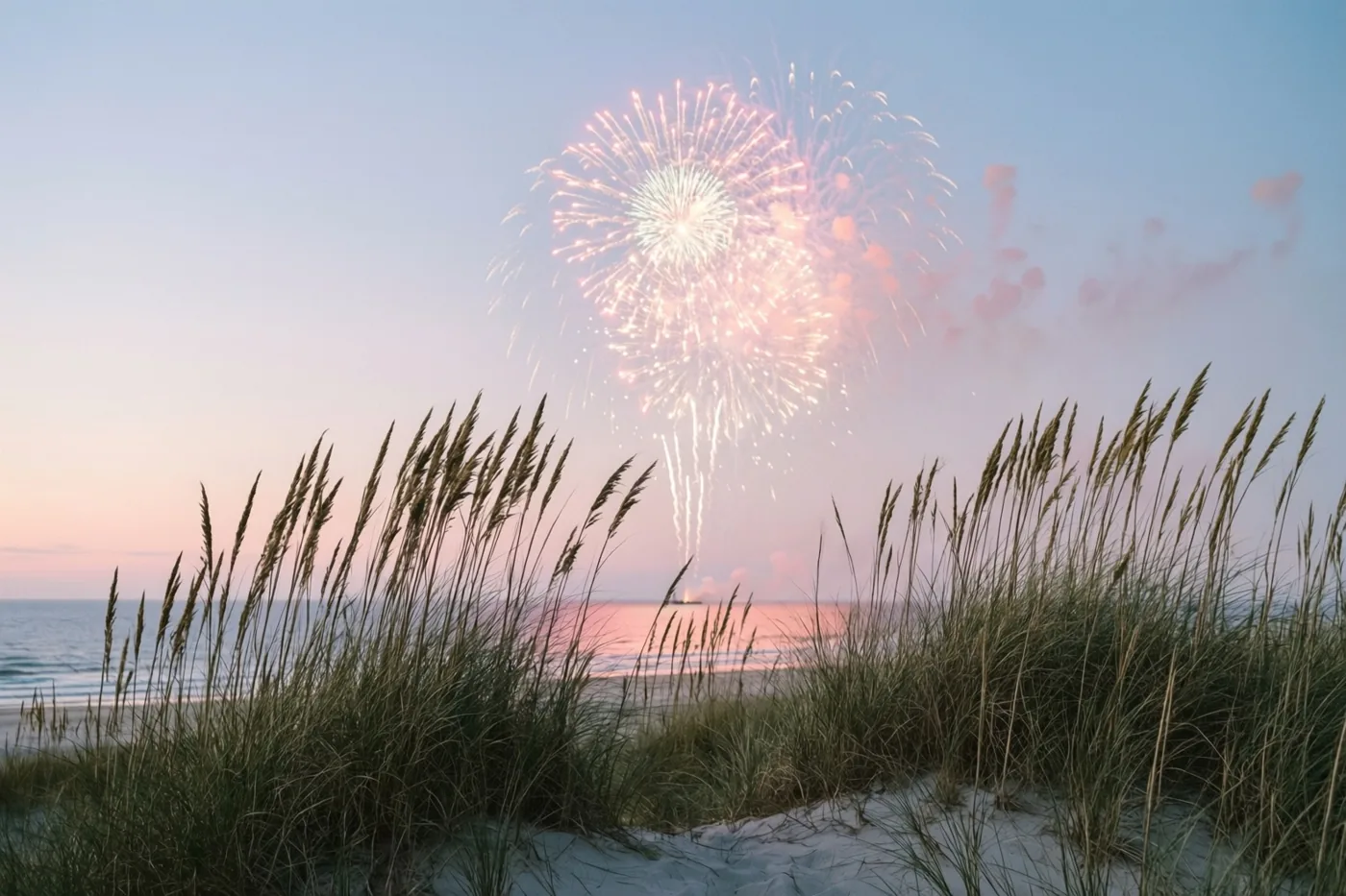Silhouetten van helmgras op zandduinen omlijsten vuurwerk boven zee in zacht roze en blauw schemerlicht.