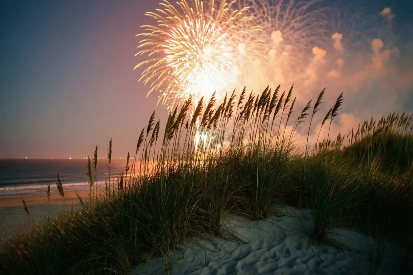 Donkere silhouetten van helmgras op zandduinen omlijsten oranje en geel vuurwerk boven zee tegen een blauw-paarse avondlucht.
