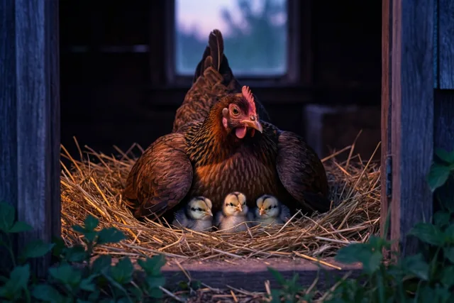 Een hen spreidt haar vleugels over drie kuikens in een strooien nest bij een houten deuropening, verlicht door goudkleurig licht in de schemering.