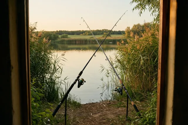 Door een houten deuropening zijn een grote en een kleine hengel tussen hoog riet te zien, met een kalm meer en verre bomen onder een goudkleurige lucht.