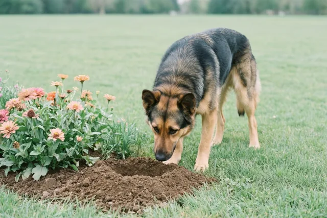 Een Duitse herder houdt zijn kop laag naast een vers gegraven gat in het gras en een perk met roze en oranje bloemen, met wazige bomen op de achtergrond.