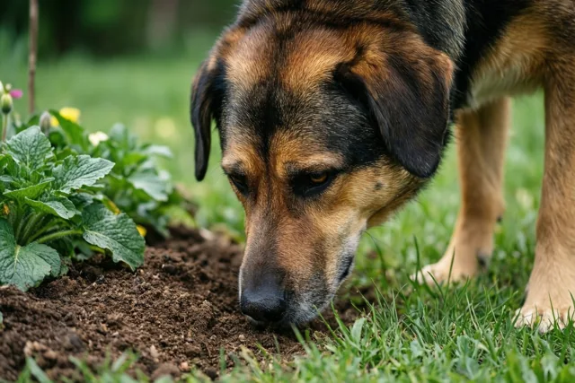 Een zwart-bruine Duitse herder snuffelt aan pas omgewoelde aarde naast een groen plantenperk in een grasveld bij natuurlijk licht.
