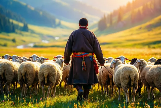 Een herder in traditionele kledij leidt met de rug naar de kijker een kudde schapen door een zonnige valleiweide, met glooiende groene heuvels erachter.