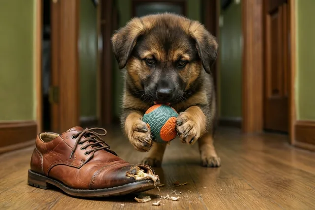 Een Duitseherderpuppy staat op een houten gangvloer met een blauw-oranje bal in zijn poten, naast een bruine leren schoen met een aangeknaagde neus.