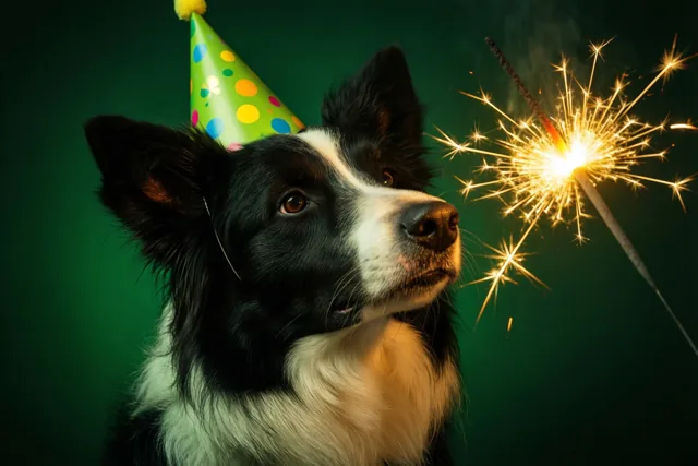 Een zwart-witte herdershond met een kleurrijk feesthoedje kijkt aandachtig naar een brandend sterretje tegen een donkergroene achtergrond in warm licht.