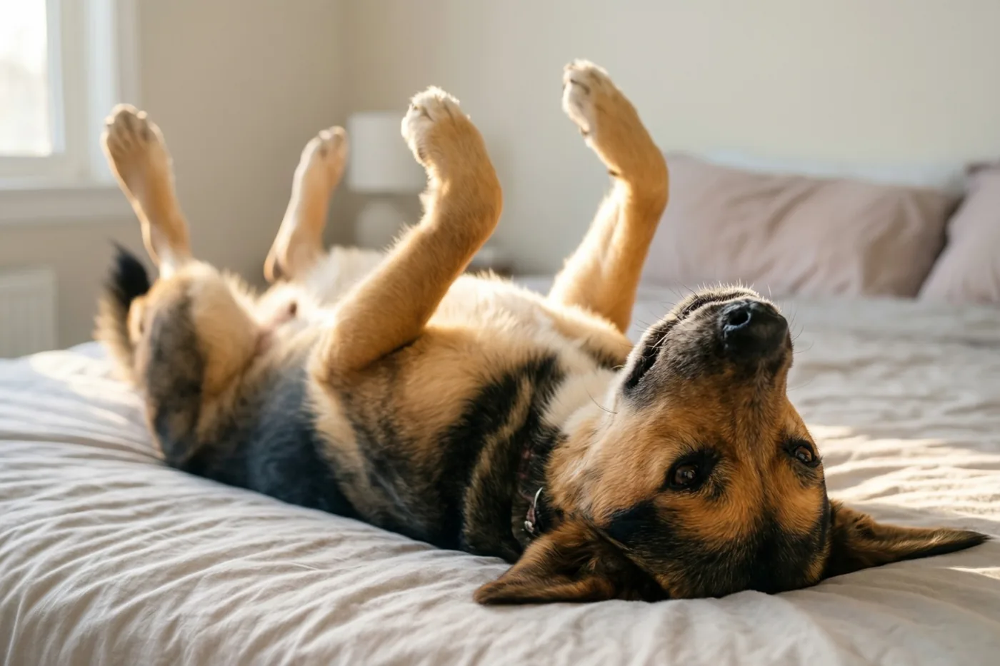 Een Duitse herder ligt op zijn rug op een bed met zijn poten in de lucht, in een zacht verlichte slaapkamer met ochtendzon en neutrale tinten.