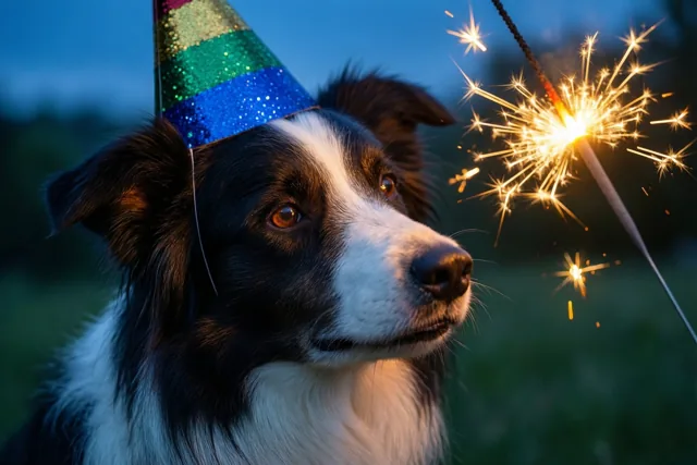 Een zwart-witte herdershond met een kleurrijk feesthoedje kijkt van opzij naar een brandend sterretje, buiten bij schemerlicht met blauwe lucht en groen gras.