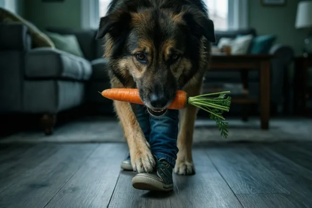 Een Duitse herder loopt met een hele wortel in zijn bek over een houten woonkamervloer en duwt met zijn poot tegen een kindersportschoen.