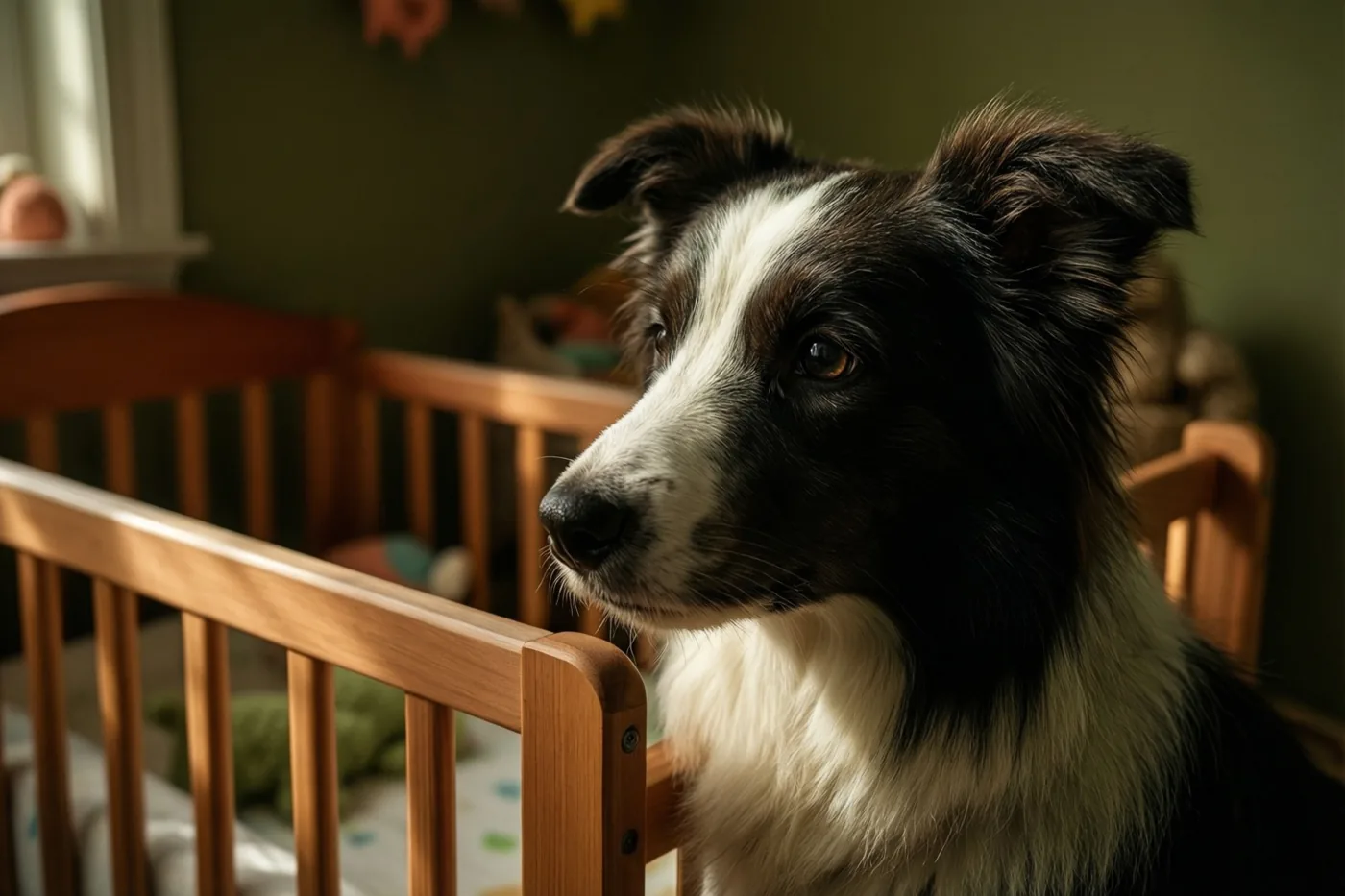 Een zwart-witte herdershond zit aandachtig naast een houten wieg in een zonnige babykamer met groene muren en zachte stoffen op de achtergrond.