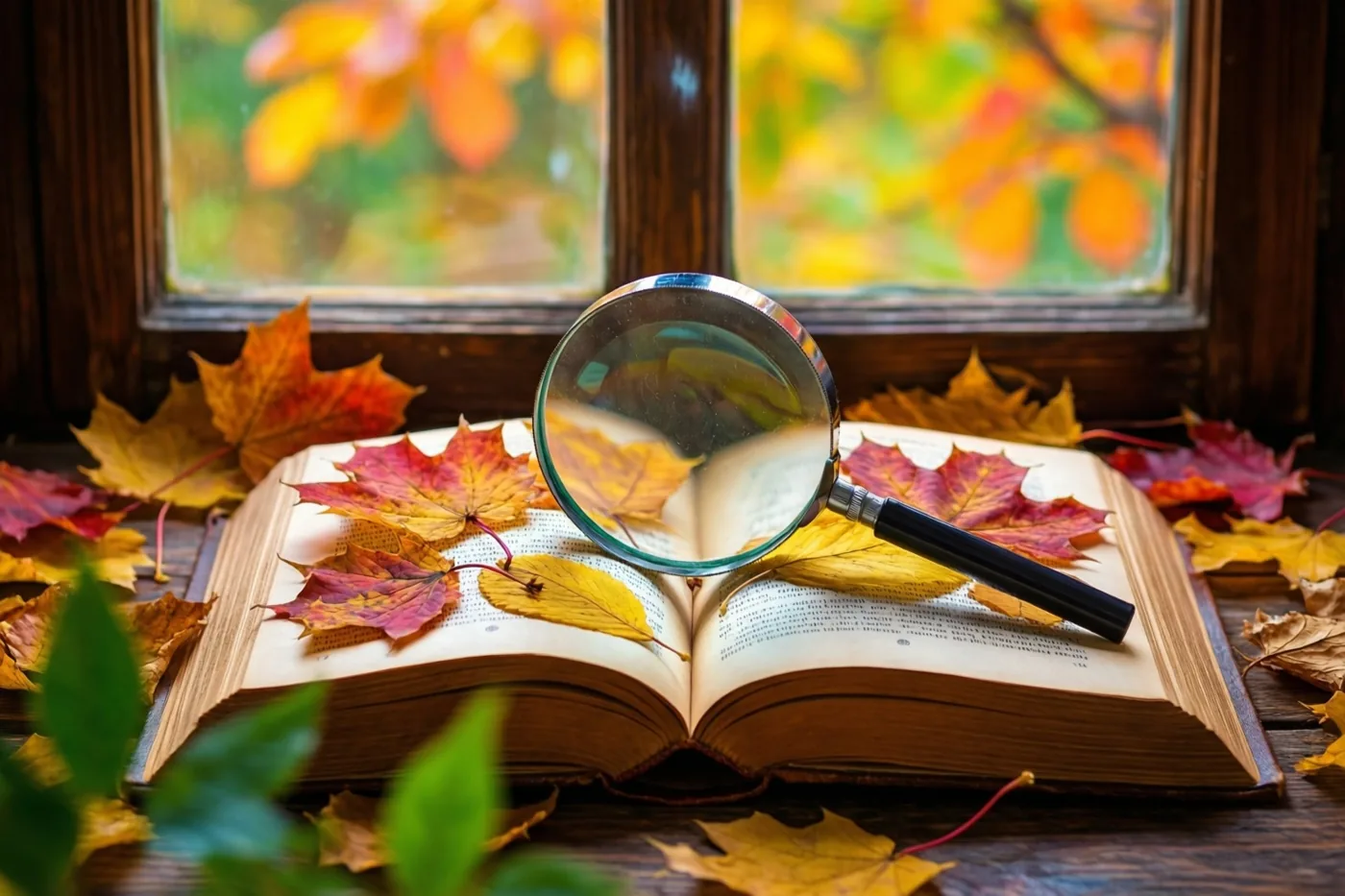 Een open boek met geperste herfstbladeren en een vergrootglas ligt op een houten oppervlak bij een raam met wazig herfstgroen buiten.