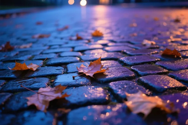 Gevallen esdoornbladeren liggen op natte kasseien in schemerig licht, met koele blauwe tinten en warme oranje en gele lichtaccenten.