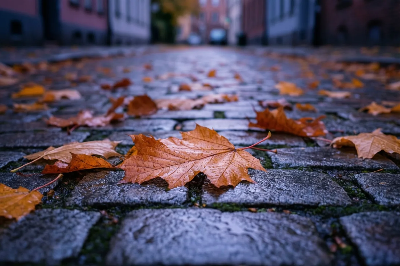 Oranje en bruine herfstbladeren liggen op natte grijze kasseien in een smal steegje, met koele blauwe en grijze tinten rondom.