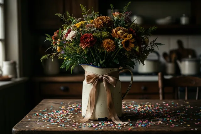 Herfstbloemen met gelukwensen van vroeger