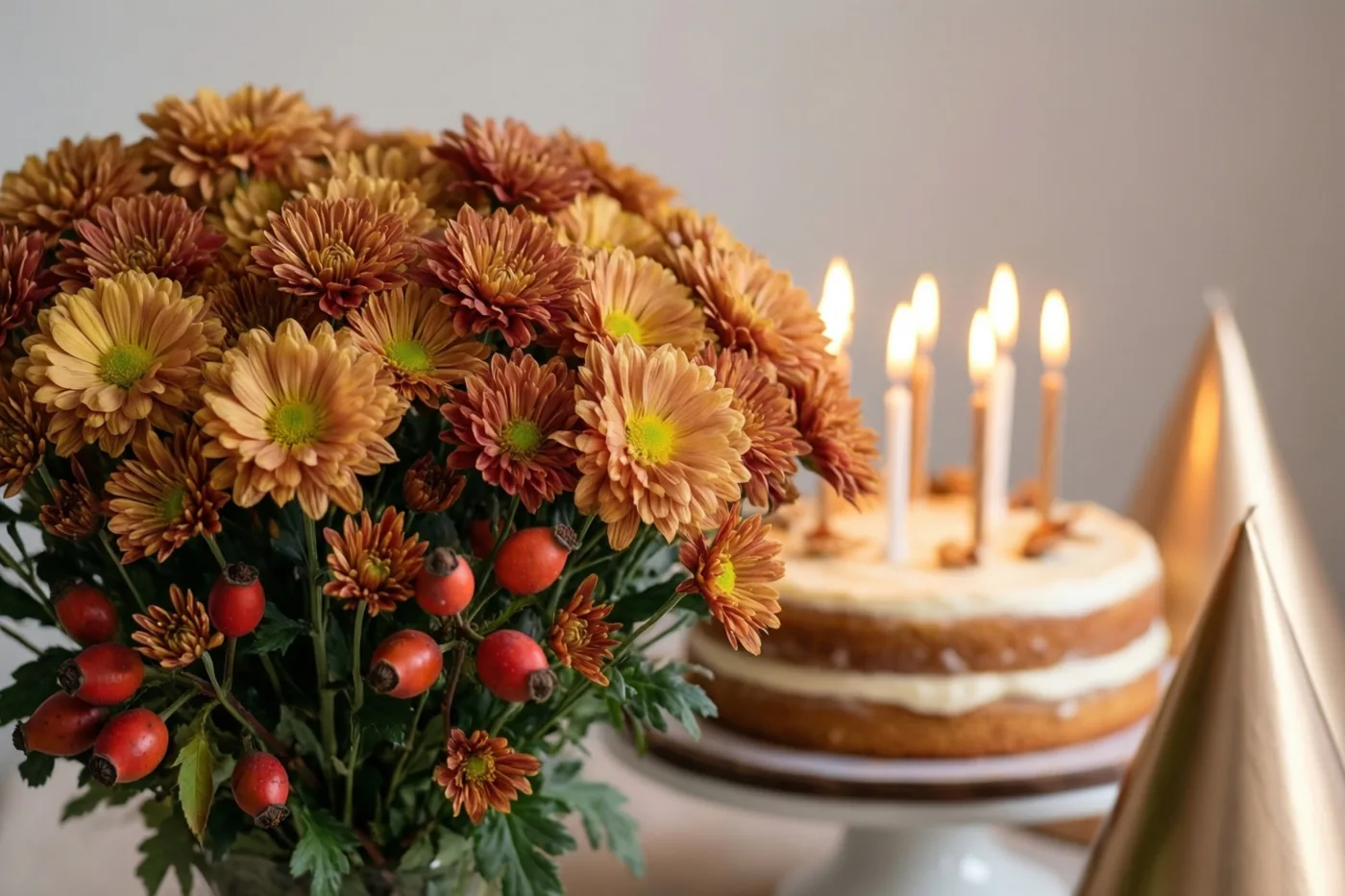 Een herfstboeket met chrysanten en rode rozenbottels staat naast een taart met twee verdiepingen en brandende kaarsjes, met gouden papieren feesthoedjes tegen een effen achtergrond.