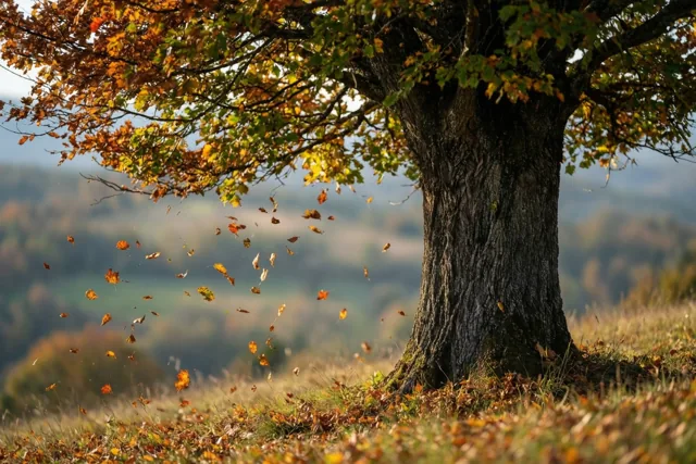 Een boom met herfstbladeren staat op een grasheuvel in goudkleurig licht, met dwarrelende bladeren en onscherpe glooiende heuvels op de achtergrond.