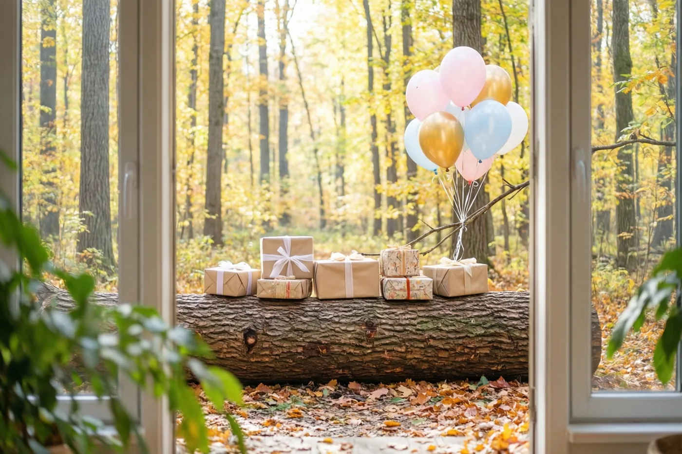 Door een raam zijn cadeaus in bruin inpakpapier en pastelballonnen op een omgevallen boomstam in een herfstbos te zien, in warm goudkleurig licht.