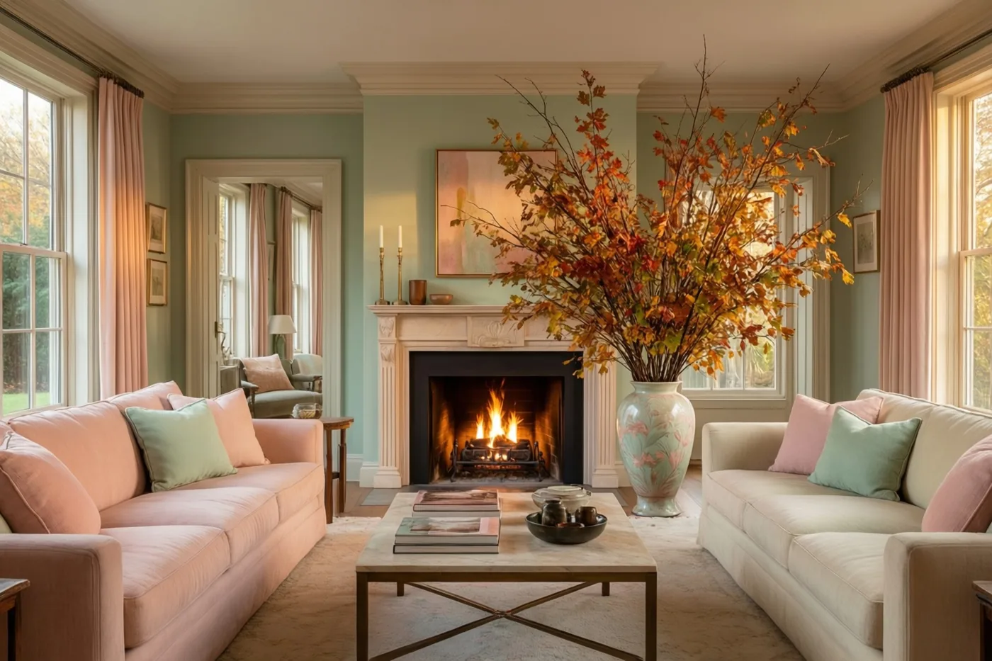 Een elegante woonkamer met een brandende haard en een hoge vaas vol herfsttakken combineert zachtroze, lichtgroen en warme oranje tinten.