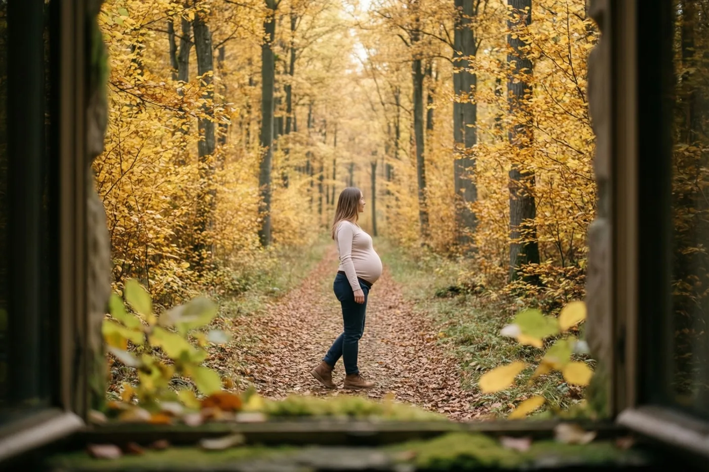 Door een raamkozijn is een zwangere vrouw te zien die wegwandelt over een bospad tussen goudgele beuken in gele en bruine herfsttinten.