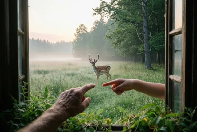 Een oudere hand en een kleine hand wijzen van binnenuit door een raam naar een hert in een mistige weide bij het ochtendgloren.
